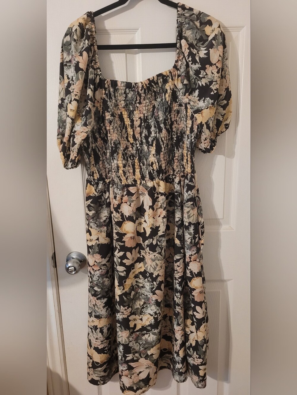 Maurices Black Floral Smocked Midi Dress with Cream and Blush Accents
